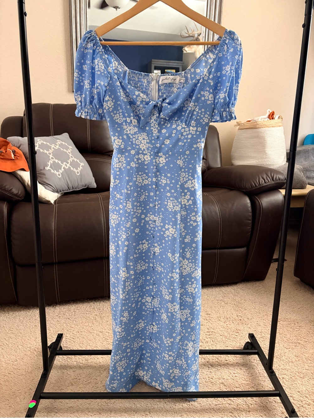 Light Blue Floral Midi Dress with Puff Sleeves